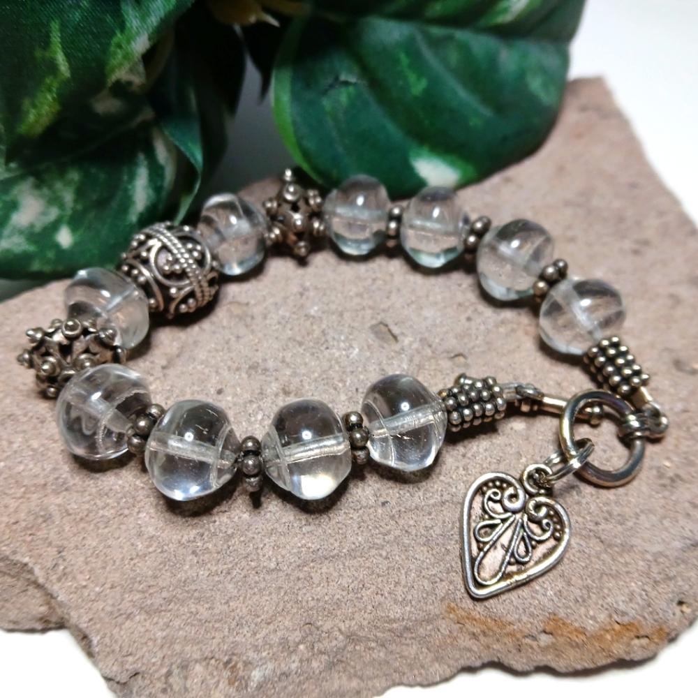 Crystal Beaded and Silver Bali Beads Bracelet w Heart Dangle